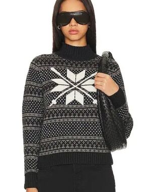 Alp N Rock Gitte Mock Neck Sweater Organic Cotton Blend Black White Snowflake L